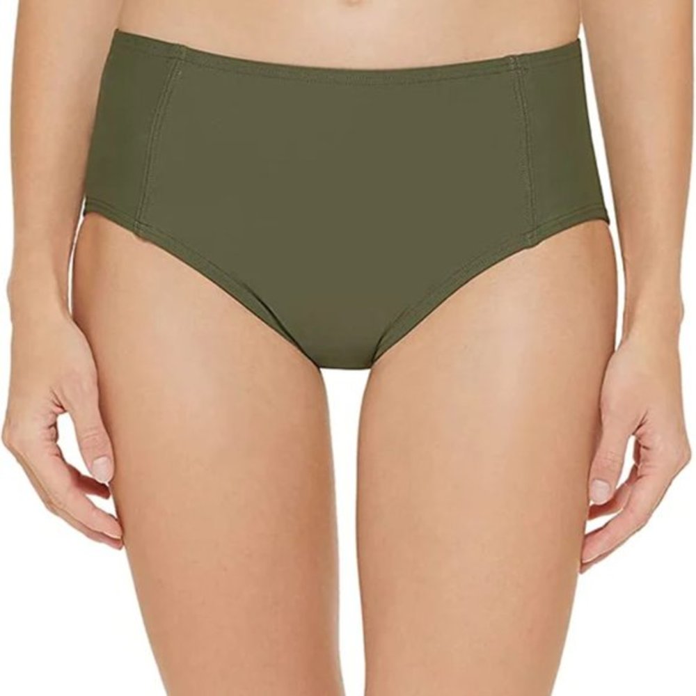 DKNY Seamed High-Waist Bikini Swim Bottoms Moss Green‎ L NWOT